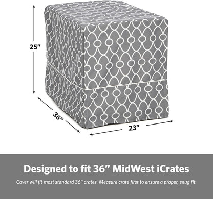 Dog Crate Cover with Teflon Fabric Protector, Poly-Cotton Privacy Kennel Cover Fits Most 36-Inch Crates, Gray Designer Print, Washable, Reduces Barking